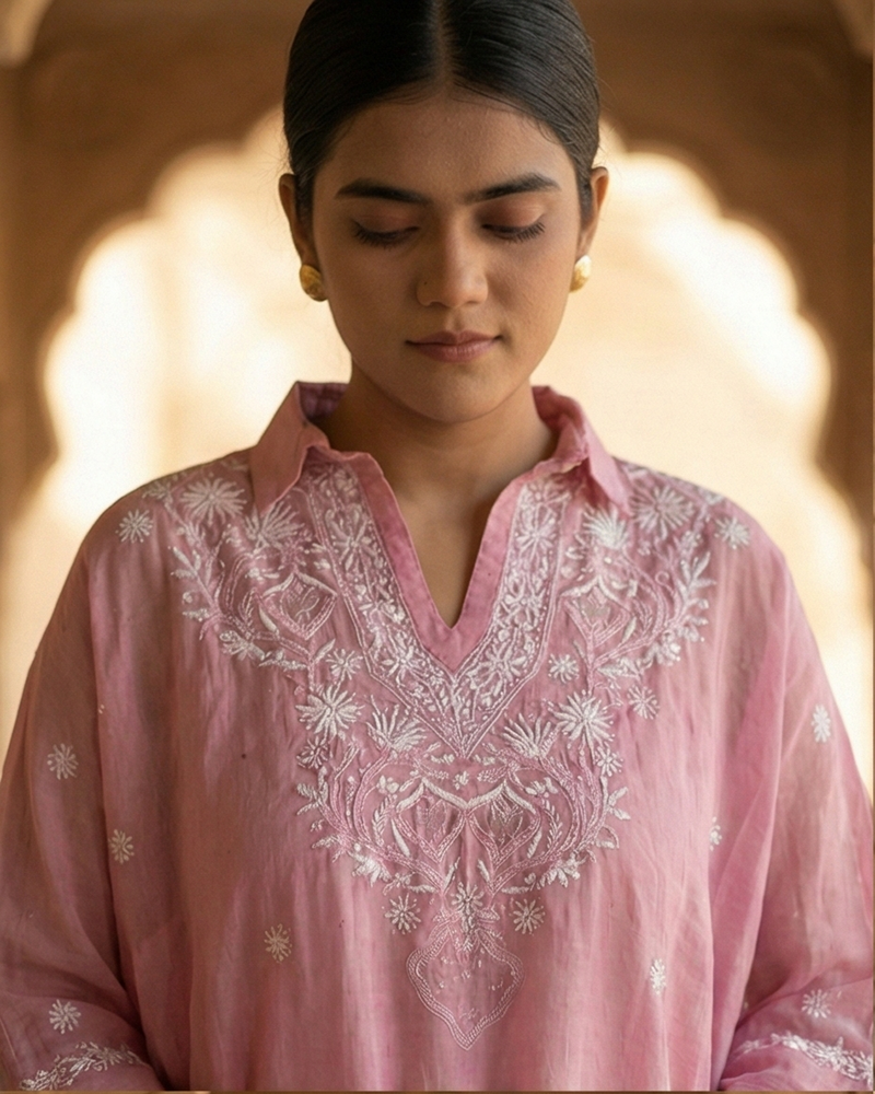 Light Pink Mulchanderi Kaftan