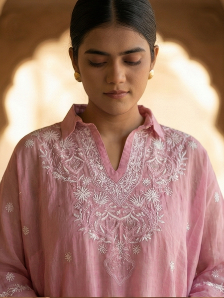 Light Pink Mulchanderi Kaftan