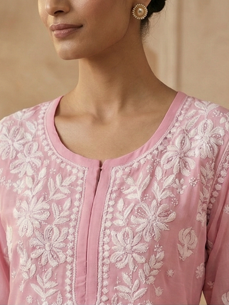 Pink Viscose Georgette Chikankari Readymade Kurta