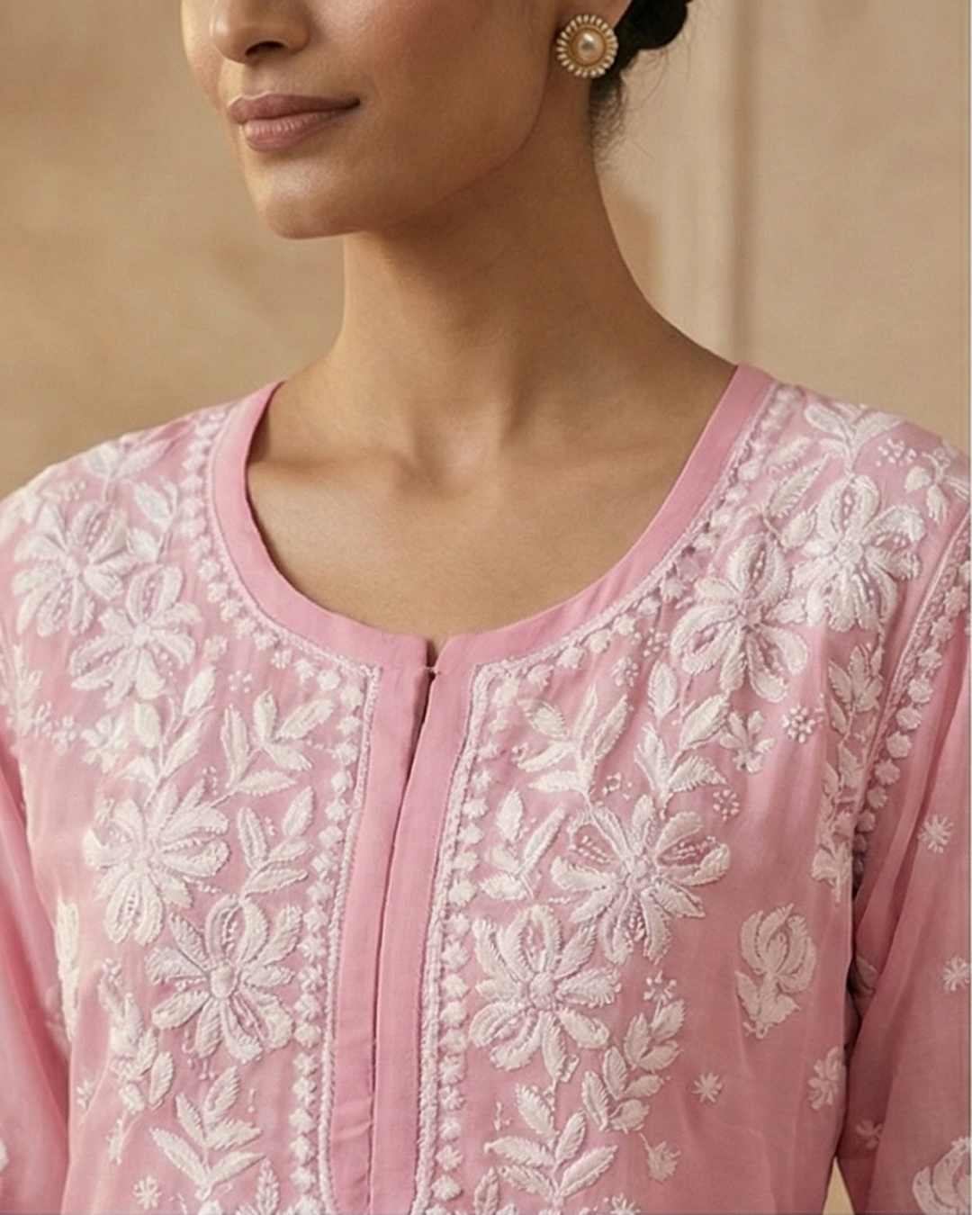 Pink Viscose Georgette Chikankari Readymade Kurta