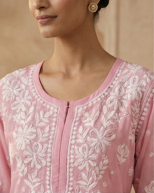 Pink Viscose Georgette Chikankari Readymade Kurta