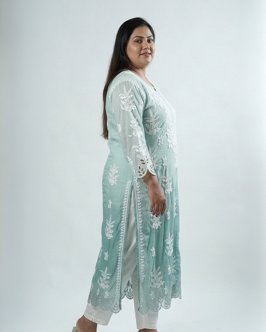 Sea Green Muslin Cutwork Kurta