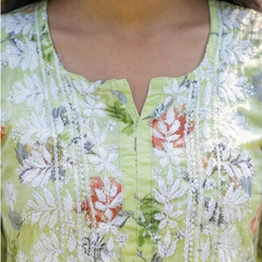 Green Chikankari Mulmul Pocket Kurti