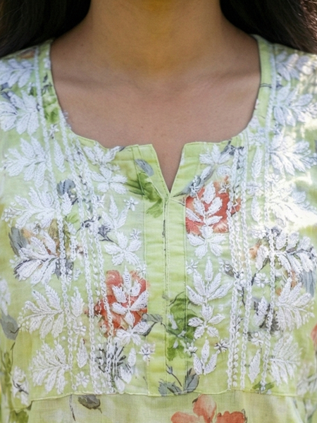 Green Chikankari Mulmul Pocket Kurti