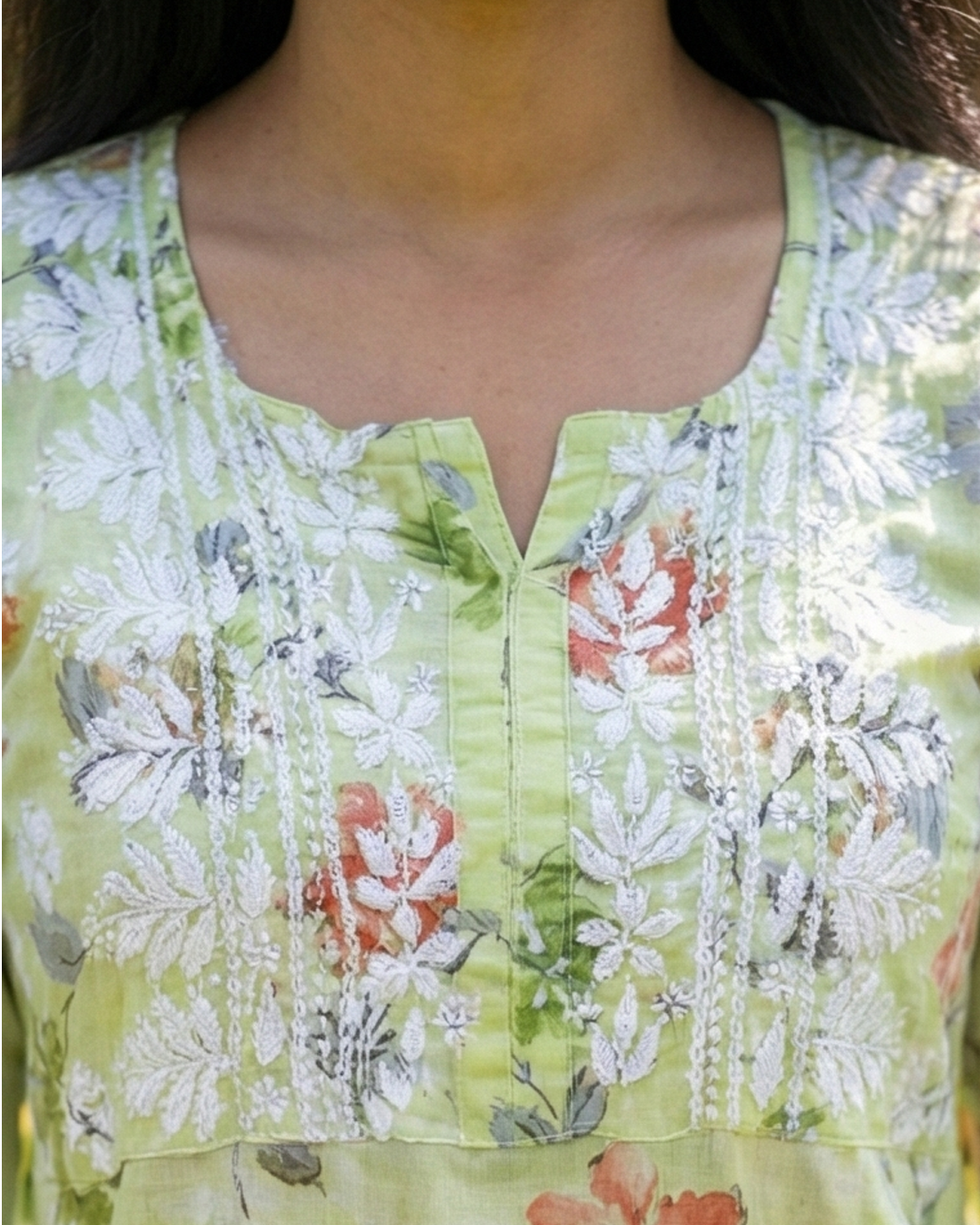 Green Chikankari Mulmul Pocket Kurti