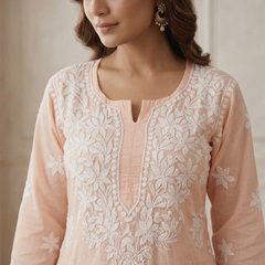 Orange Readymade Cotton Chikankari Kurta