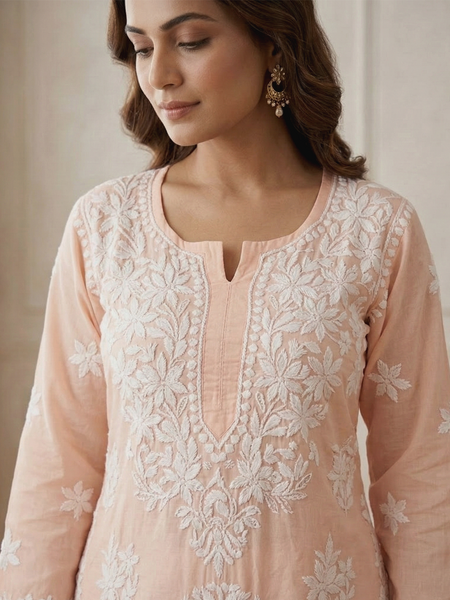 Orange Readymade Cotton Chikankari Kurta