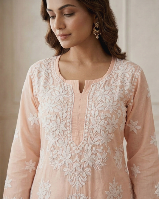 Orange Readymade Cotton Chikankari Kurta