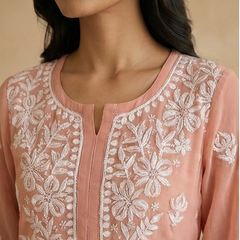 Peach Viscose Georgette Chikankari Readymade Kurta