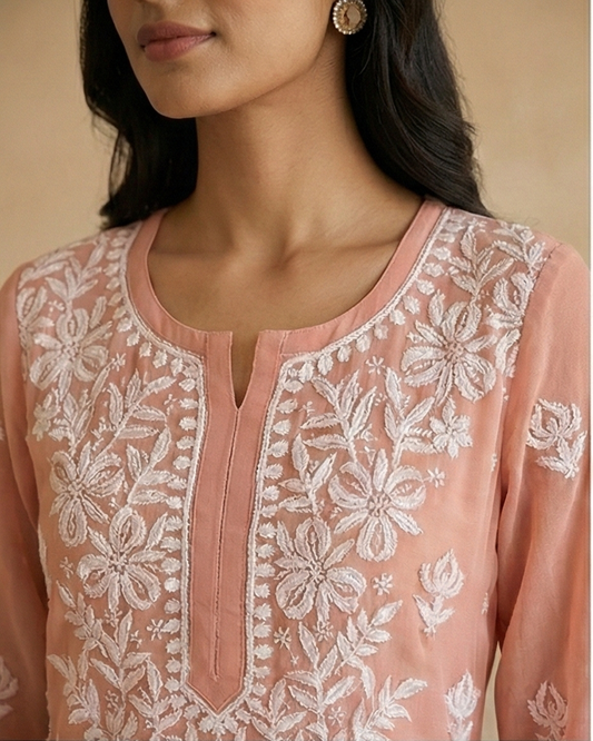 Peach Viscose Georgette Chikankari Readymade Kurta