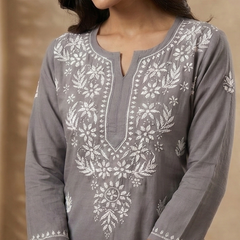 Grey Embroidery Chikanakri Rayon Long Kurti