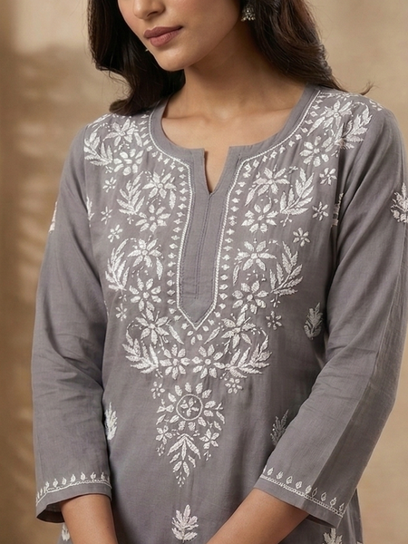 Grey Embroidery Chikanakri Rayon Long Kurti