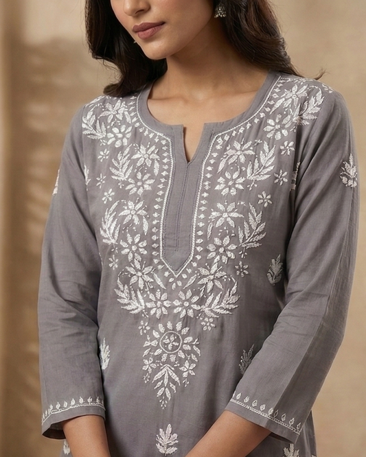Grey Embroidery Chikanakri Rayon Long Kurti