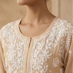 Beige Viscose Georgette Chikankari Readymade Kurta