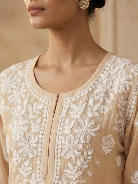 Beige Viscose Georgette Chikankari Readymade Kurta