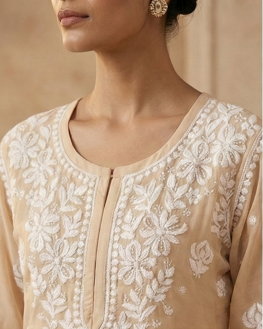 Beige Viscose Georgette Chikankari Readymade Kurta