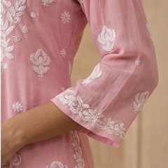 Pink Viscose Georgette Chikankari Readymade Kurta