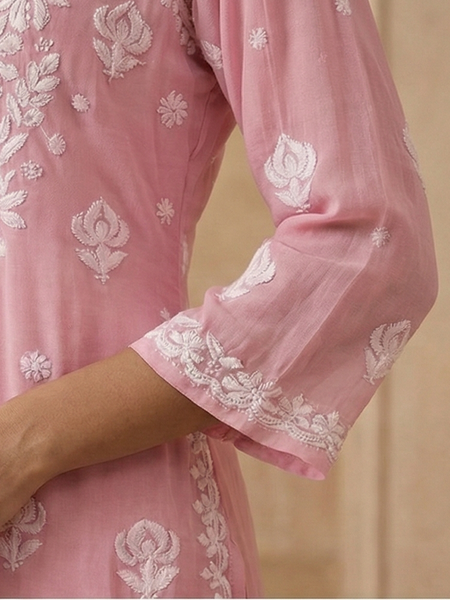 Pink Viscose Georgette Chikankari Readymade Kurta
