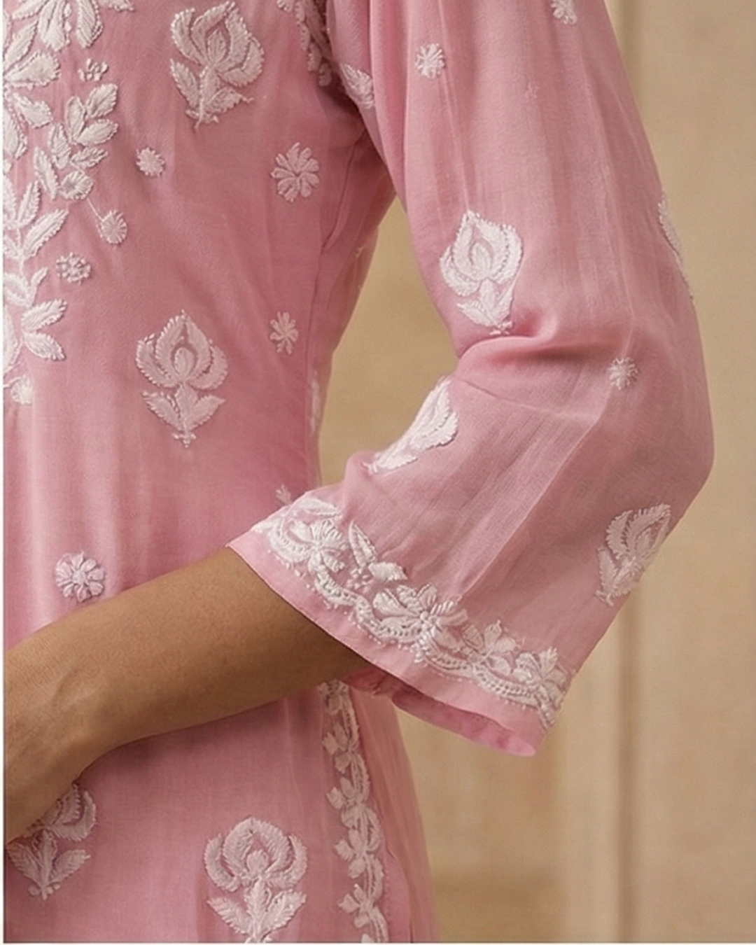 Pink Viscose Georgette Chikankari Readymade Kurta