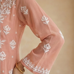 Peach Viscose Georgette Chikankari Readymade Kurta
