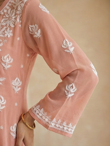 Peach Viscose Georgette Chikankari Readymade Kurta