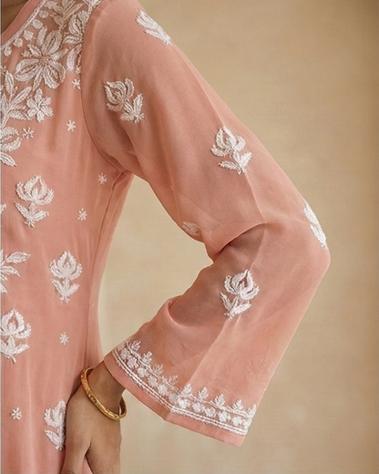 Peach Viscose Georgette Chikankari Readymade Kurta