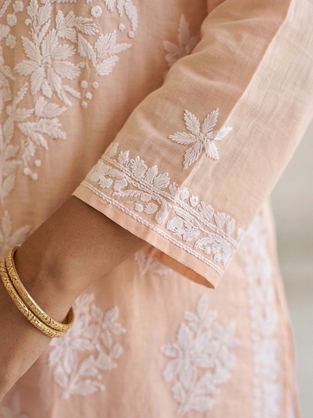 Orange Readymade Cotton Chikankari Kurta