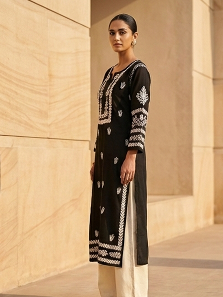 Black Chikankari Modal Long Kurti