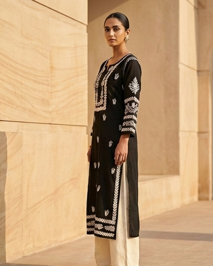 Black Chikankari Modal Long Kurti