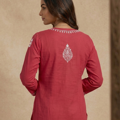 Red Embroidery Chikankari Rayon Long Kurti