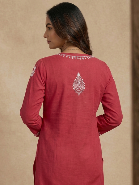Red Embroidery Chikankari Rayon Long Kurti