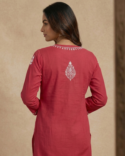 Red Embroidery Chikankari Rayon Long Kurti