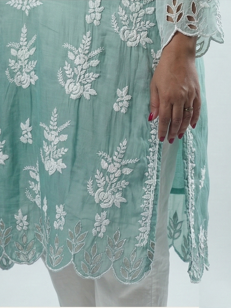 Sea Green Muslin Cutwork Kurta