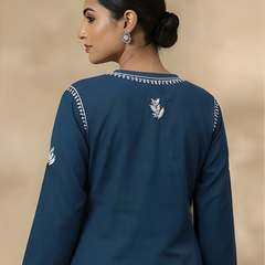 Blue Embroidery Chikankari Rayon Long Kurti