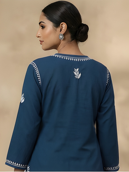 Blue Embroidery Chikankari Rayon Long Kurti