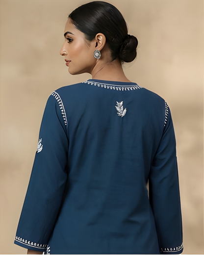 Blue Embroidery Chikankari Rayon Long Kurti