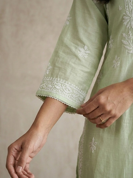 Pista Chanderi Chikankari Aline Kurta
