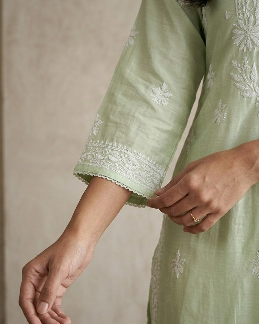 Pista Chanderi Chikankari Aline Kurta