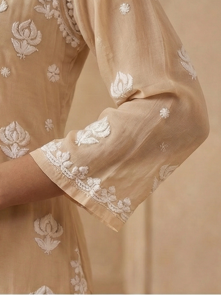 Beige Viscose Georgette Chikankari Readymade Kurta
