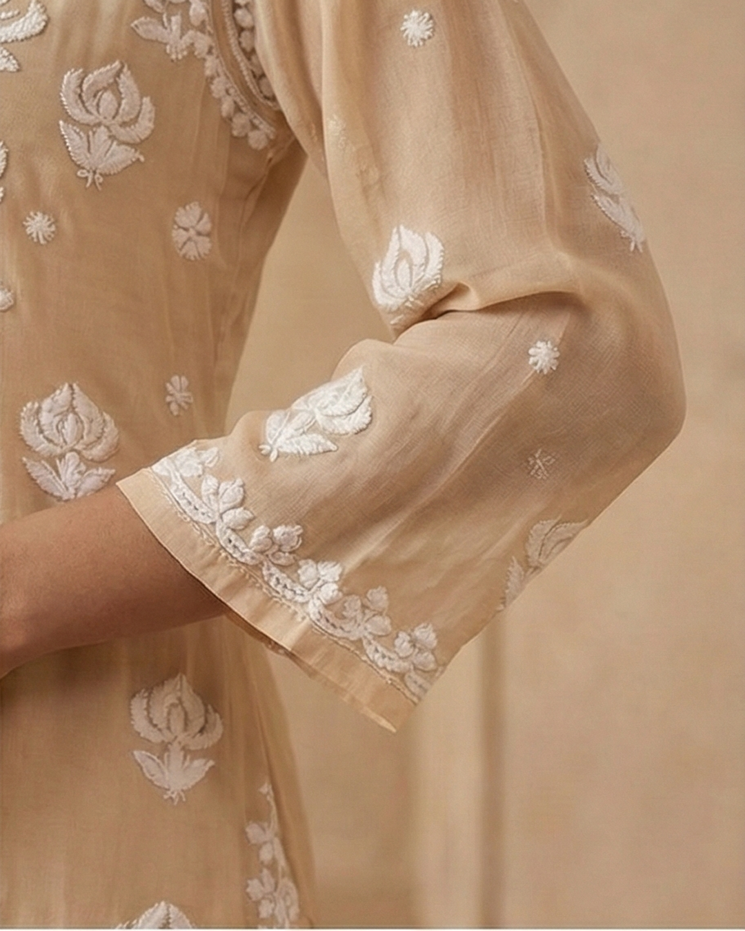 Beige Viscose Georgette Chikankari Readymade Kurta