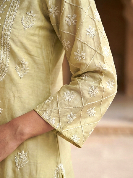 Golden Cotton Chanderi Chikankari Kurta