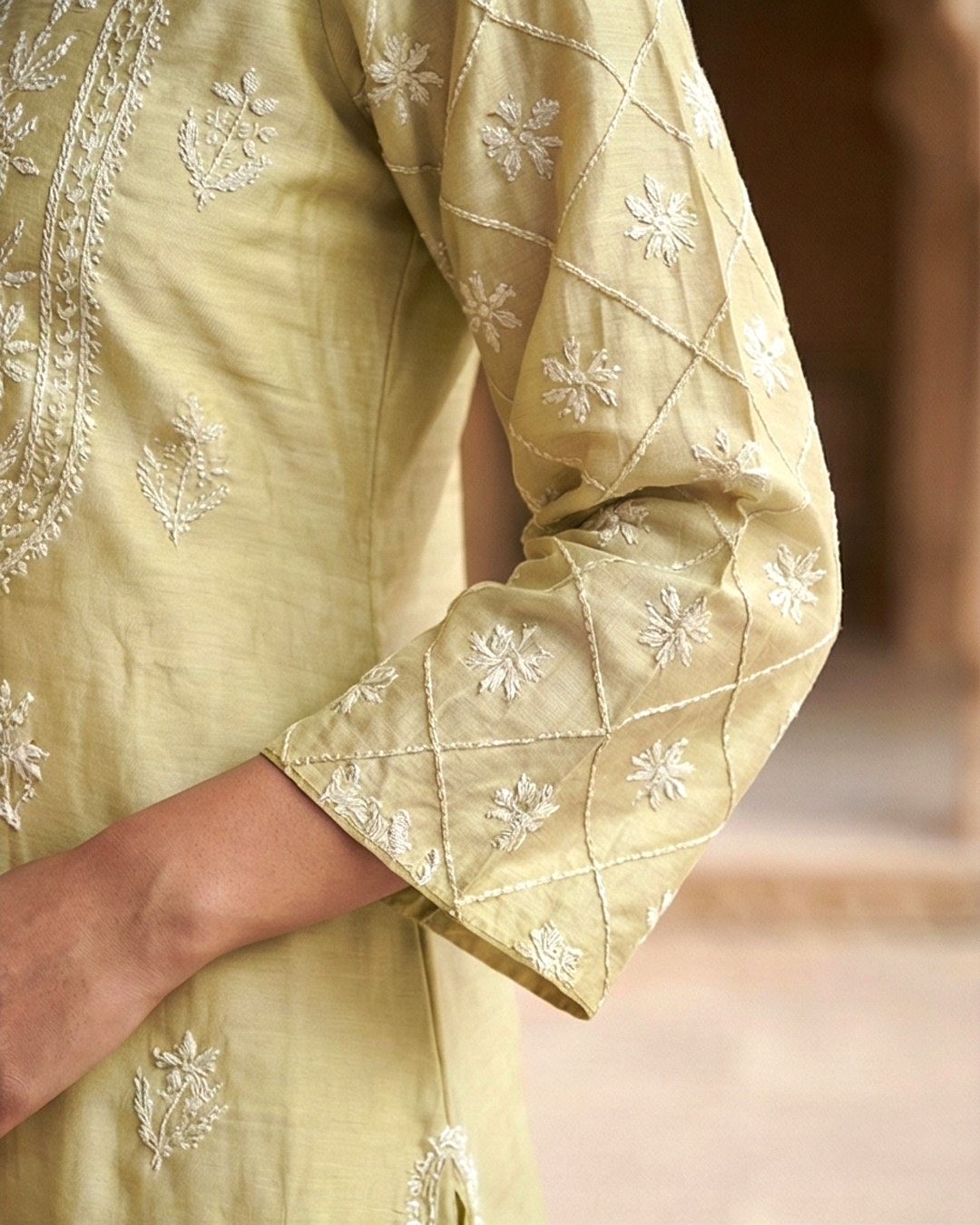 Golden Cotton Chanderi Chikankari Kurta