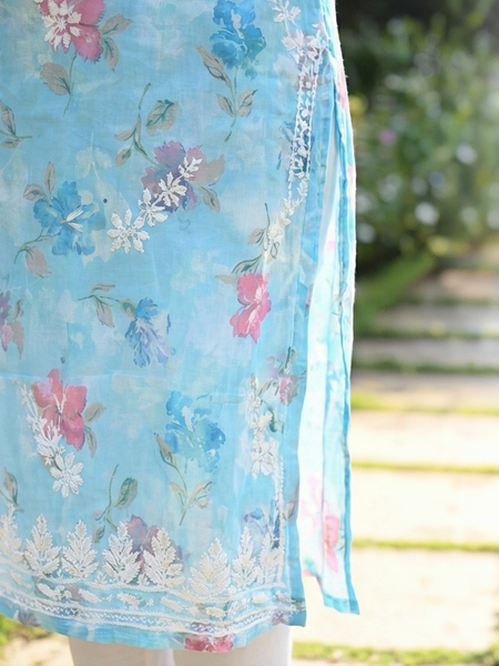 Blue Chikankari Mulmul Pocket Kurti
