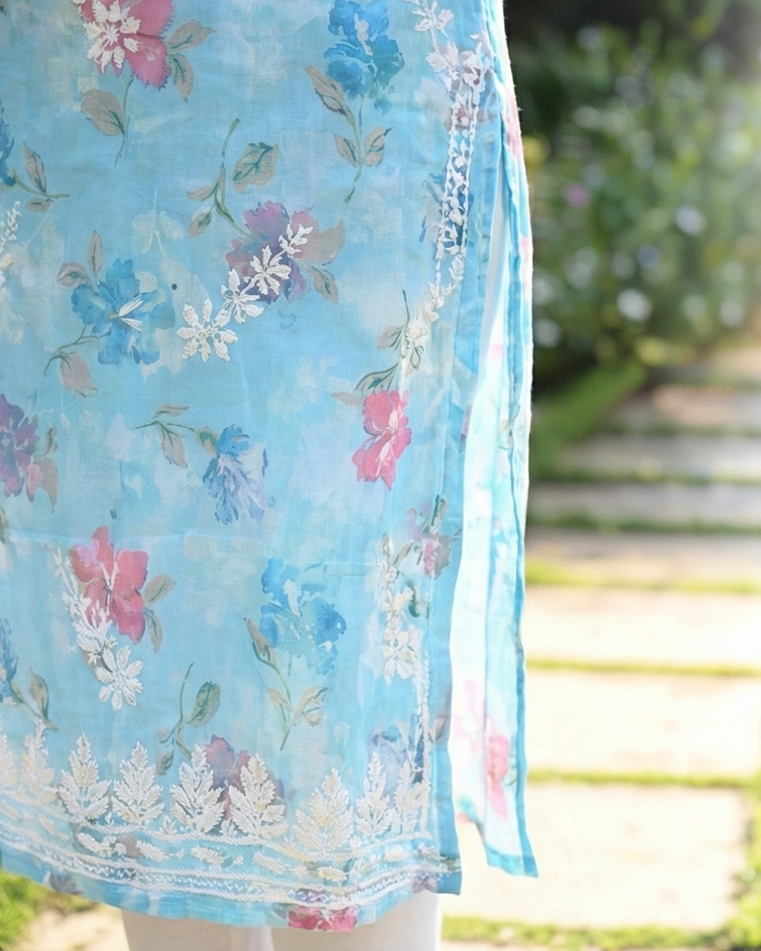 Blue Chikankari Mulmul Pocket Kurti