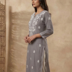 Grey Embroidery Chikanakri Rayon Long Kurti