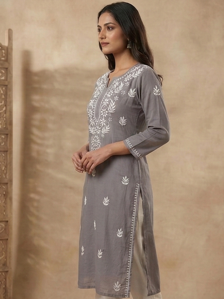 Grey Embroidery Chikanakri Rayon Long Kurti