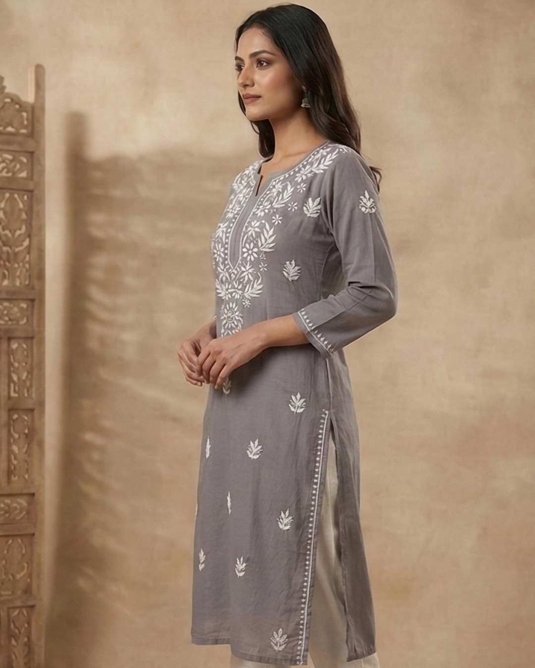 Grey Embroidery Chikanakri Rayon Long Kurti