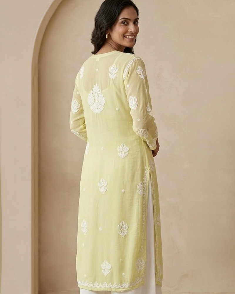 Yellow Readymade Viscose Georgette Chikankari Readymade Kurta