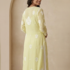 Yellow Readymade Viscose Georgette Chikankari Readymade Kurta