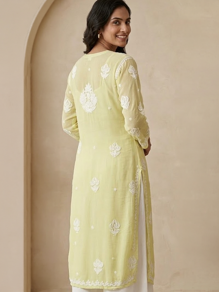 Yellow Readymade Viscose Georgette Chikankari Readymade Kurta
